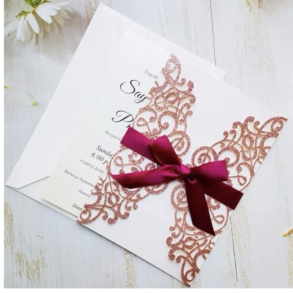 20x Laser Cut Lace Flora Wedding Invitation Cards with Ribbon Bow and Envelop...